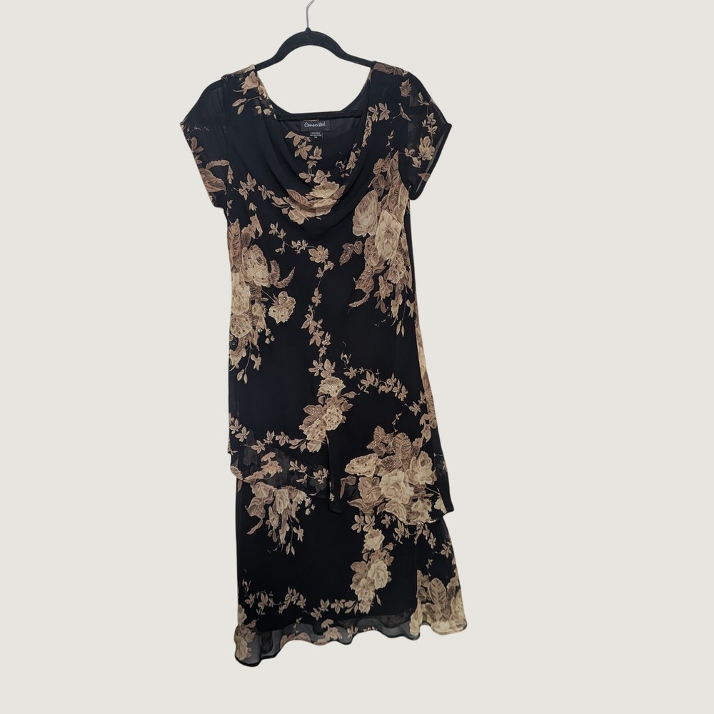 Connected Whimsigoth Boho Black Tan Floral Tiered Midi Dress Beaded Size Medium